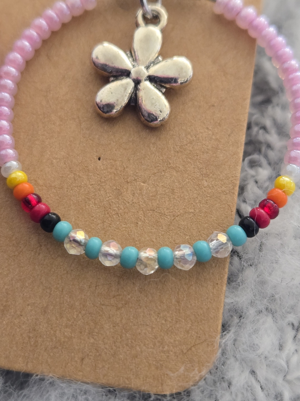 Handmade Pink Beaded Hoop Earrings with Silver Flower Charm - Picture 4 of 4